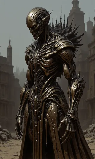 A ghostly mechanized figure with metal limbs and distorted facial features stands amid a deserted cityscape in earthy tones and dark surrealist dieselpunk style.