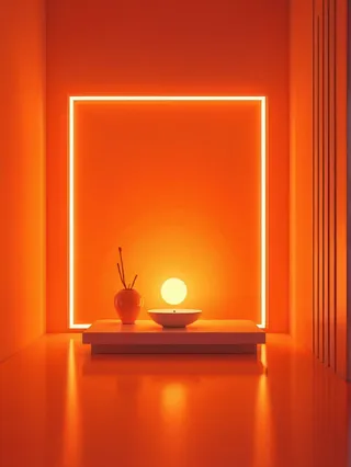 Minimalist neon orange room featuring a glowing circular light, ceramic vase with branches, and a ceramic bowl on a low platform, surrounded by a glowing rectangular frame.