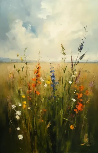 Painting of a vast field with colorful herbs and wildflowers swaying on a windy day under a cloudy sky with soft atmospheric light.