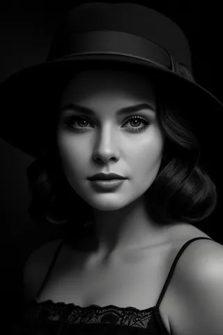 Black and white film noir style portrait of a beautiful woman wearing a fedora hat and vintage 40s elegant clothes with chiaroscuro lighting.