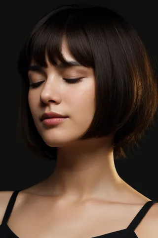 Closeup portrait of a beautiful brunette girl with short curly bob hair, closed eyes, and detailed skin against a dark, empty background.