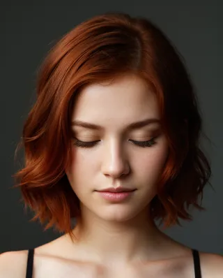Closeup of a beautiful redhead girl with short hair and closed eyes against a dark, empty background, showing detailed skin.