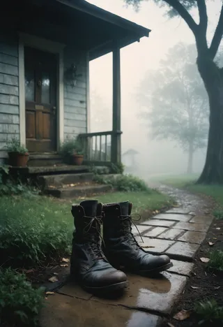 Pair of worn boots placed on a wet stone pathway leading to a quaint wooden house porch, surrounded by mist and fog in a serene early morning backyard scene.