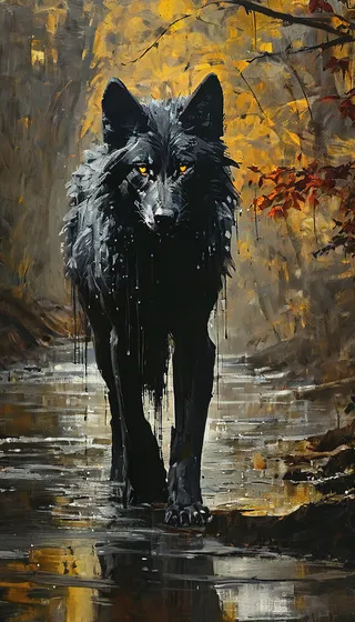 Close-up front view of a hyper-realistic black wolf with glowing yellow eyes dripping with black oil paint, standing in a reflective autumn forest environment with golden leaves and shallow water.