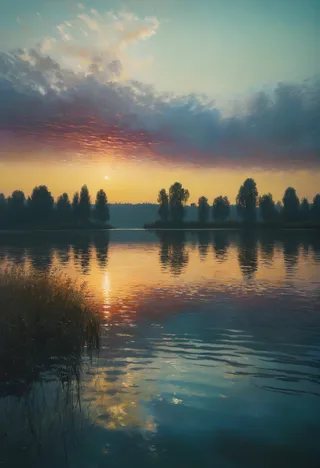 A serene mystical lake during golden hour with bold colors and subtle shading, featuring soft ripples and a reflection of silhouetted trees under a dramatic sky with clouds, styled in the impressionist manner of Claude Monet.