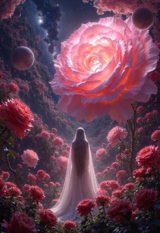 A woman with long silver hair stands in a nebula garden, surrounded by giant glowing celestial roses with stardust petals and a cosmic sky with planets.