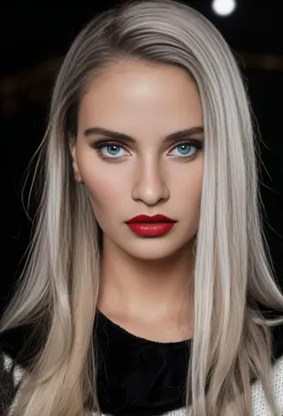 Close-up portrait of a woman with grey eyes, long blonde hair, red lips, and makeup against a black background.
