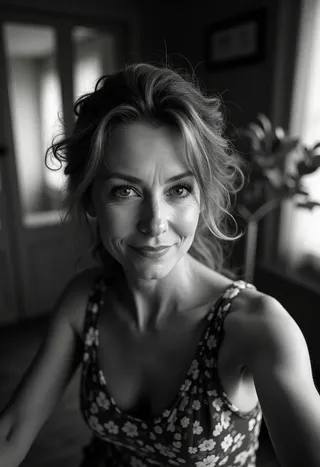 Black and white selfie portrait of a 50-year-old Russian-Austrian woman with a slight smirk, strong photographic grain, and a blurred interior background.