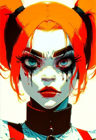 Close up digital portrait of Harley Quinn with red hair in pigtails, intense blue eyes with mascara tears, dramatic makeup, and a white background.
