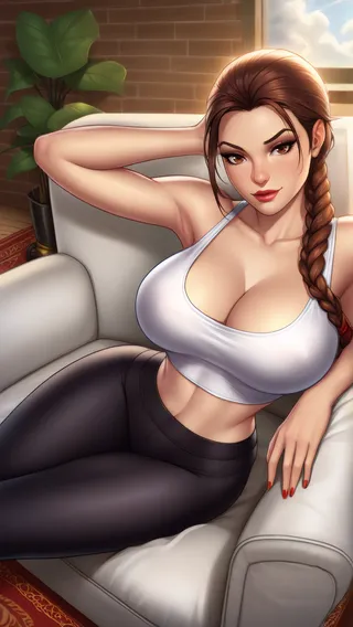 一個辮子馬尾的Lara Croft躺在室內的白色沙發上，穿著白色背心和黑色瑜伽褲，表情放鬆且自信。