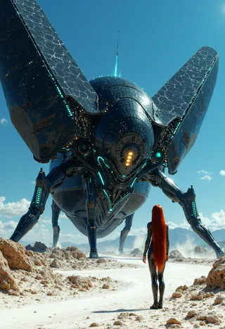A futuristic woman with long red hair stands before a massive, insect-like alien structure with glossy black hexagonal panels and glowing blue energy lines in a desert under a clear blue sky.