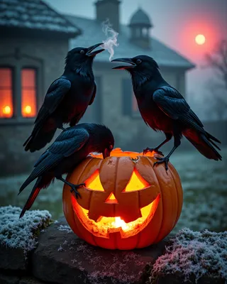 A damaged Halloween pumpkin lantern glowing warmly on a rugged stone garden wall with three black ravens perched on and around it during a foggy, frosty winter night with an old house and red glowing sky in the background.