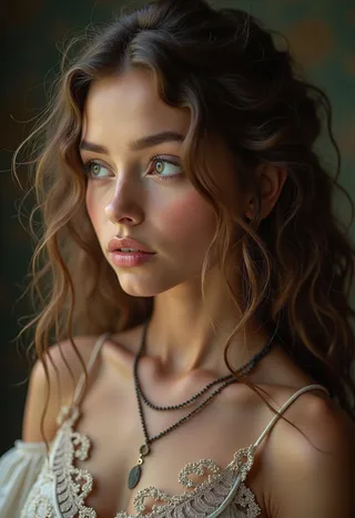 Portrait of a beautiful girl with curly hair, wearing a lace top and layered necklaces, gazing intensely to the side with soft natural lighting.