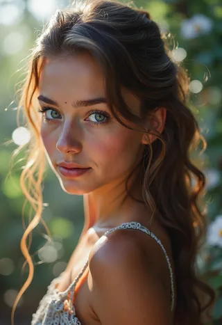 Close-up portrait of a girl with blue eyes and long hair, softly illuminated by natural light with a blurred green background.