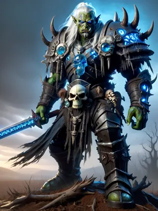 A fierce male orc warrior with white warpaint and glowing blue eyes, clad in dark, spiked armor adorned with skulls and blue magical runes, wielding a glowing blue sword.