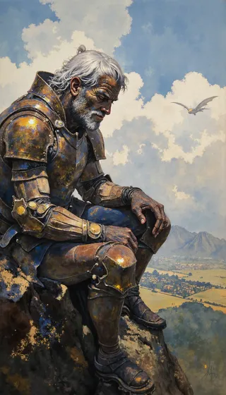 A grizzled warrior clad in burnished armor sits on a rocky precipice, overlooking a medieval city in a verdant valley with dragons soaring in a bright blue sky.