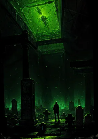Dark graveyard illuminated by a glowing green gelatinous cube with bones trapped inside, casting eerie light on tombstones and a lone figure.