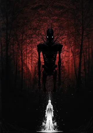 A hyper realistic image of a genetically-engineered being standing in a dark forest with bright glowing eyes, facing a white luminous figure in a long robe, with striking red and black color palette and dramatic contrast lighting.