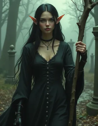 A female elf with long black hair, long ears, and green eyes wearing a detailed black dress and holding a gnarled staff standing in a foggy graveyard.