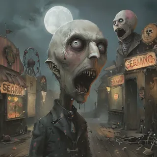 Screaming Nosferatu with wide-open mouth and pale skin in a foggy, decaying funfair at midnight with full moon and scattered vampires.