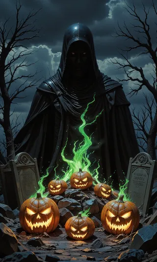 A dark hooded figure stands behind a pile of sinister, hand-carved pumpkins flickering with green flames, surrounded by broken tombstones and dead trees under a moody night sky.