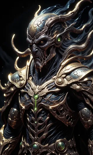 Portrait of a menacing Cthulhu warrior with glowing eyes wearing highly detailed and futuristic heavy armor, featuring large tentacles and intricate designs, illuminated by cinematic lighting.