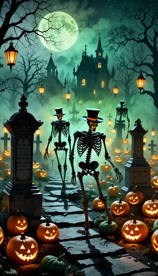 Skeletons wearing top hats roaming a foggy graveyard at night with glowing jack-o'-lanterns and lanterns under a full moon.