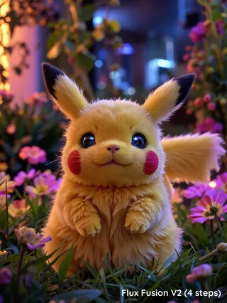 Ultra-realistic Pikachu with detailed soft fur in a neon-lit futuristic garden surrounded by holographic flowers and a cityscape backdrop.