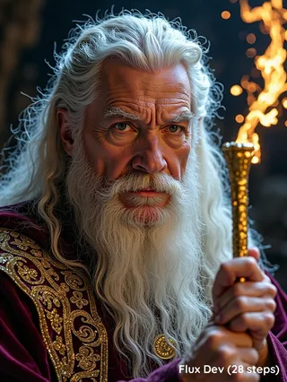 Closeup of an elderly wizard with white hair and beard, wearing an ornate velvet robe with golden patterns, holding a glowing staff with magical runes.