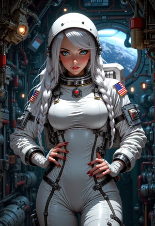 Photorealistic image of a female astronaut with white braided hair wearing a tight spacesuit inside the International Space Station, featuring moody lighting and Earth visible through a window.