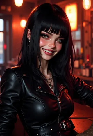 Pale skinned emo girl with black hair and fangs smiling, wearing a black leather jacket, sitting in a warmly lit bar.