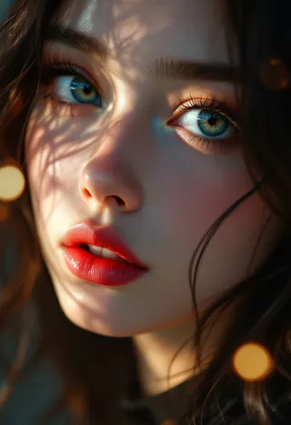 Closeup hyperrealistic digital portrait of an anime woman with striking blue eyes, red lips, and soft shadows creating bokeh light effects.