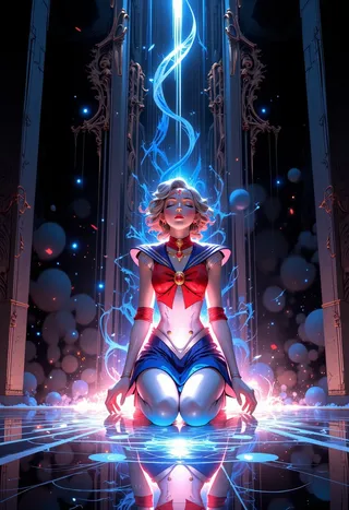 A woman in a Sailor Moon outfit kneeling on a reflective floor surrounded by monolithic pillars, glowing with blue mystical energy in a dark minimalist environment.
