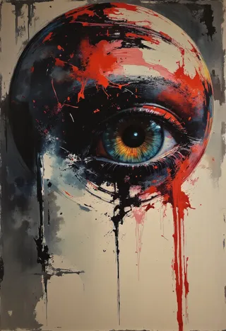 A photorealistic eye with a colorful iris surrounded by dark and red abstract glitch-style oil painting with dripping paint and strong directional lighting.