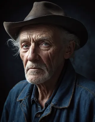 Close-up portrait of an old man wearing a brown hat and rugged blue denim jacket, with dramatic lighting and a moody atmosphere highlighting wrinkles, skin texture, and emotional expression.