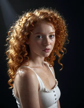 Portrait of a beautiful girl with curly ginger hair, freckles, and dramatic Rembrandt lighting highlighting her photorealistic skin texture.