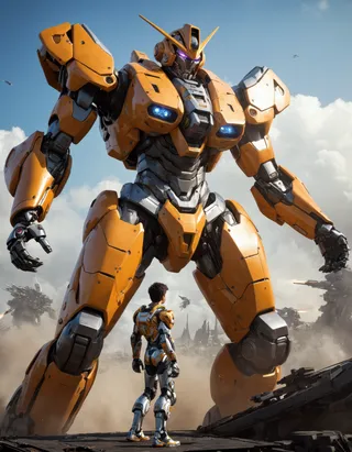 A large orange mecha suit stands imposingly over a young man in high-tech armor, set in the midst of a futuristic battlefield with drones and explosions.