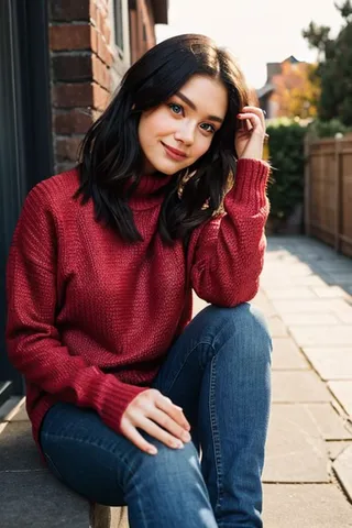 Young woman wearing a tight red sweater and jeans sitting outdoors on a sunny day, smiling with dimples and natural makeup.