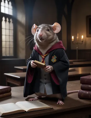 Detailed photograph of a small anthropomorphic rat dressed in a Hogwarts robe and tie, standing on a wooden desk in a dimly lit Hogwarts classroom with dramatic lighting and soft shadows.