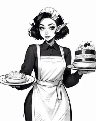 Greyscale lineart sketch of a beautiful goblin waitress wearing an apron, holding plates with food and dessert.