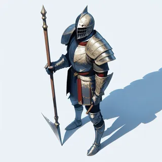 Isometric view of a knight wearing heavy ornate armor, standing and holding a polearm weapon with intricate details.