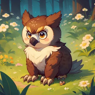 A cute little owlbear cub sitting on grassy ground surrounded by flowers in a forest, featuring a large beak and big expressive eyes.
