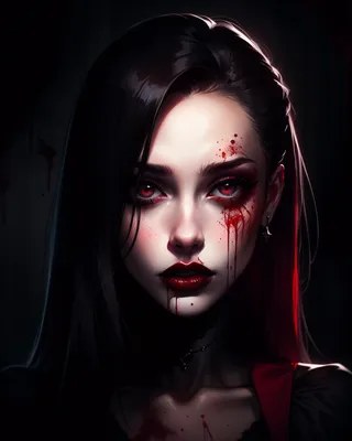 Portrait of a vampire lady with long dark hair, blood splatters on her pale face, red lips, and glowing red eyes set in a dark, eerie atmosphere.