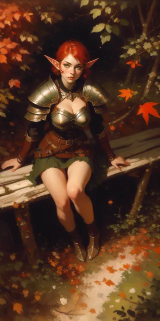 Oil painting of a beautiful elf ranger girl with short red hair wearing leather armor, sitting on a wooden log in a forest surrounded by autumn leaves.