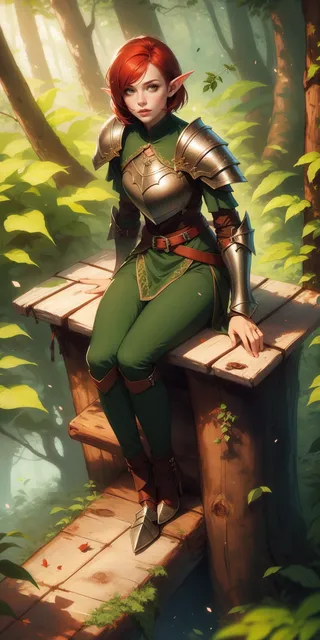 A full body portrait of a beautiful elf ranger girl with short red hair sitting on a wooden log in a sunlit forest, wearing green leather armor with metal shoulder plates, surrounded by leaves and forest foliage.