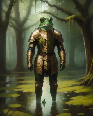 Frog knight with a frog head wearing heavy ornate armor, standing in a misty swamp surrounded by trees, lianas, and moss, depicted in an oil painting style.