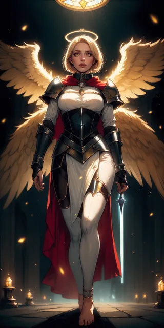 A low-angle view of a paladin templar lady with glowing yellow eyes, golden chainmail armor, white tabard, angel wings, and a halo standing barefoot in a dimly lit temple.