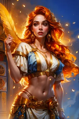 A detailed digital artwork of a Persian girl with flowing red hair, wearing ornate gold jewelry and blue and white linen clothing, set in a cinematic fantasy atmosphere.