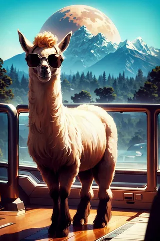 Llama with sunglasses standing inside a spaceship deck, with a clear view of Earth, moon, and mountain landscape in the background.