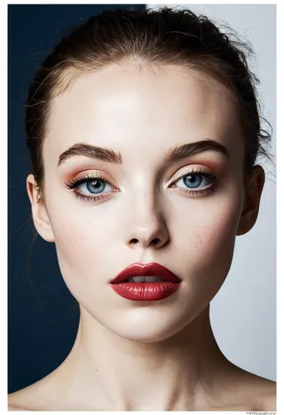 Close-up portrait of a woman with blue eyes, well-defined eyebrows, red lipstick, and subtle makeup on a dark and light gradient background.